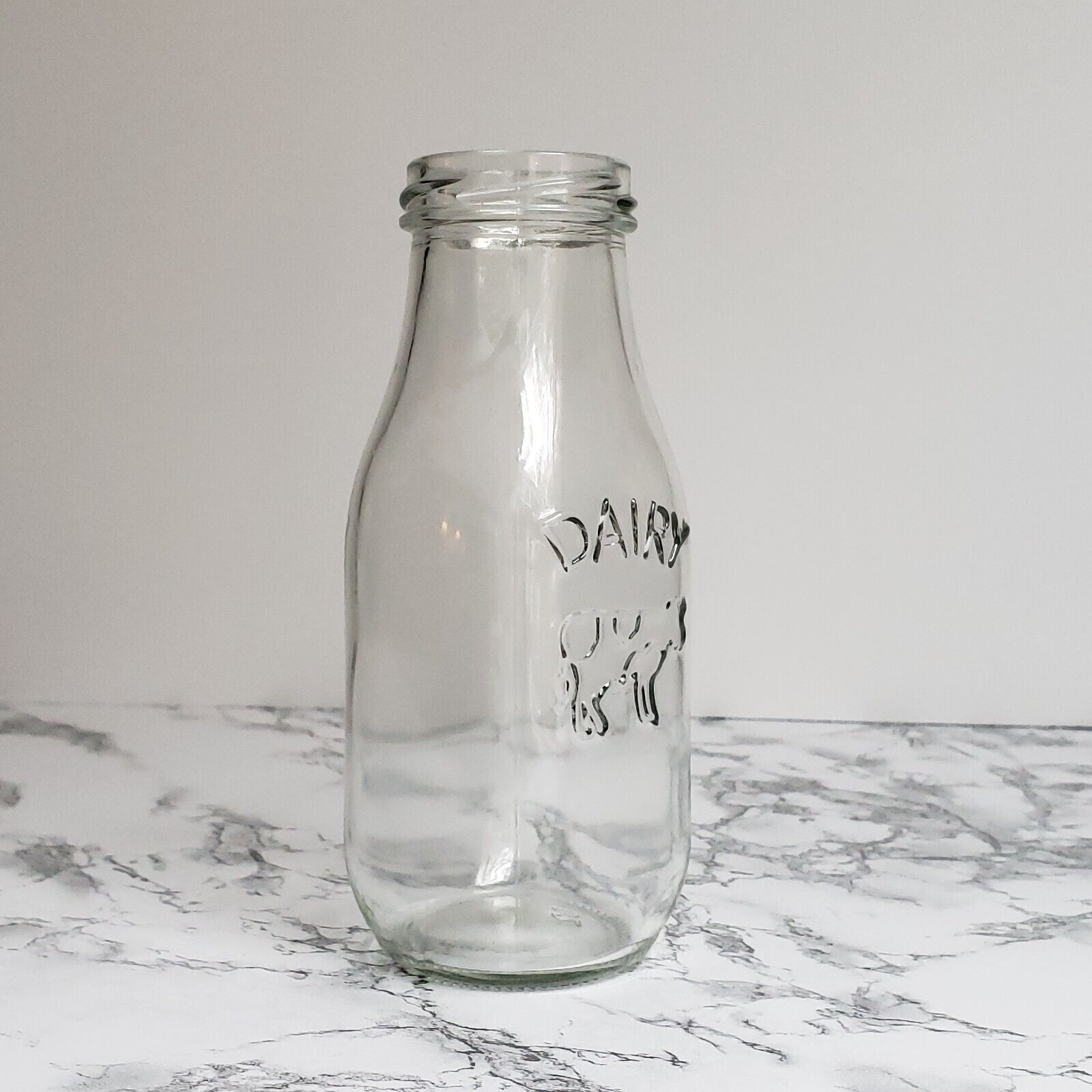 Dairy Bottle Clear Glass Milk Jar Bottle Embossed Cow Vase 10 Ounces 6 Inch