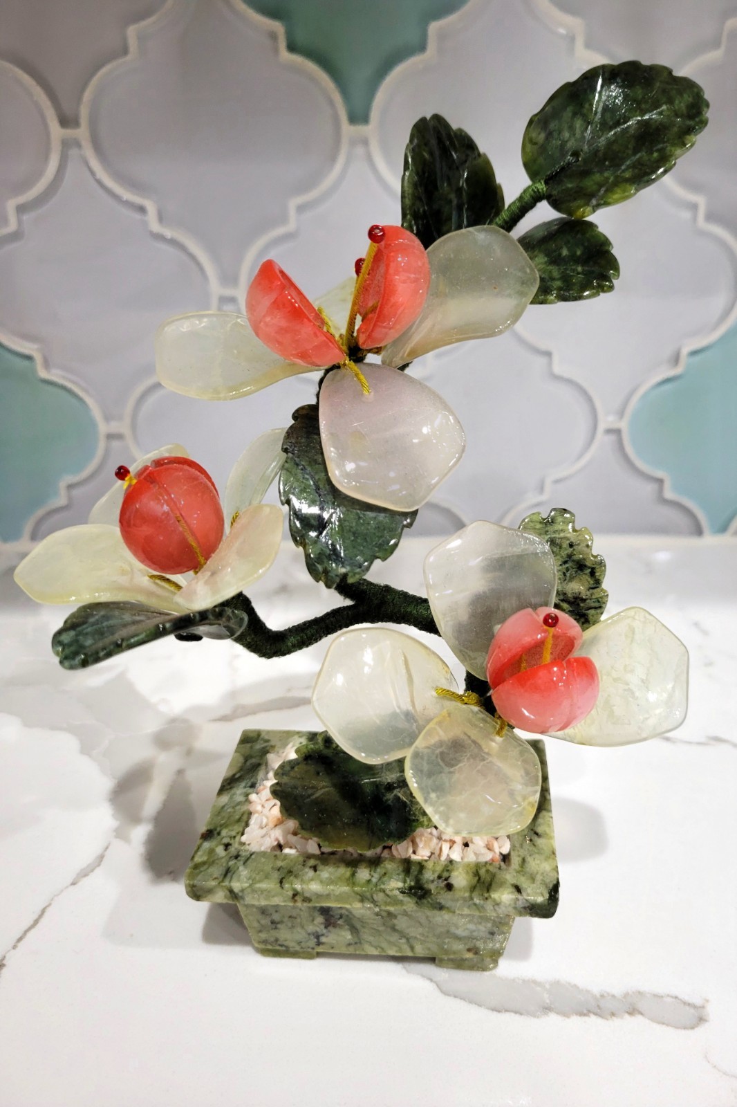 Vintage Chinese Jade & Hardstone Flowers  Hand Carved 