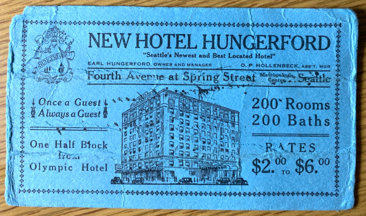1910 NEW HOTEL HUNGERFORD antique blue blotter card SEATTLE, WASHINGTON