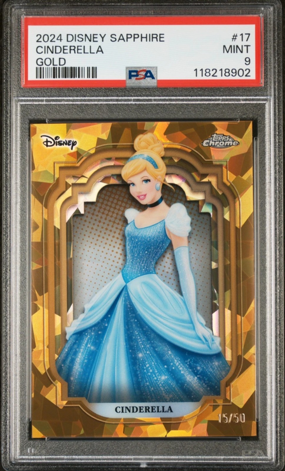 2024 Topps Chrome Disney Sapphire Cinderella #17 Gold Refractor /50 PSA 9 MINT 2024 Topps Chrome Disney Sapphire Cinderella #17 Gold Refractor /50 PSA 9 MINT
