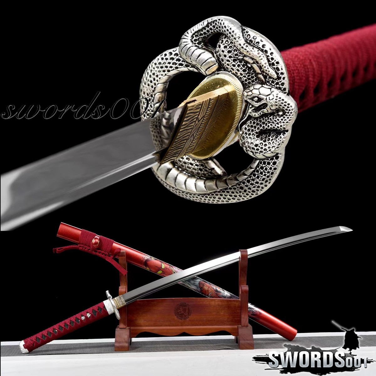 Gorgeous Red Warrior Sword Carbon Steel Japanese Samurai Katana Snake Style