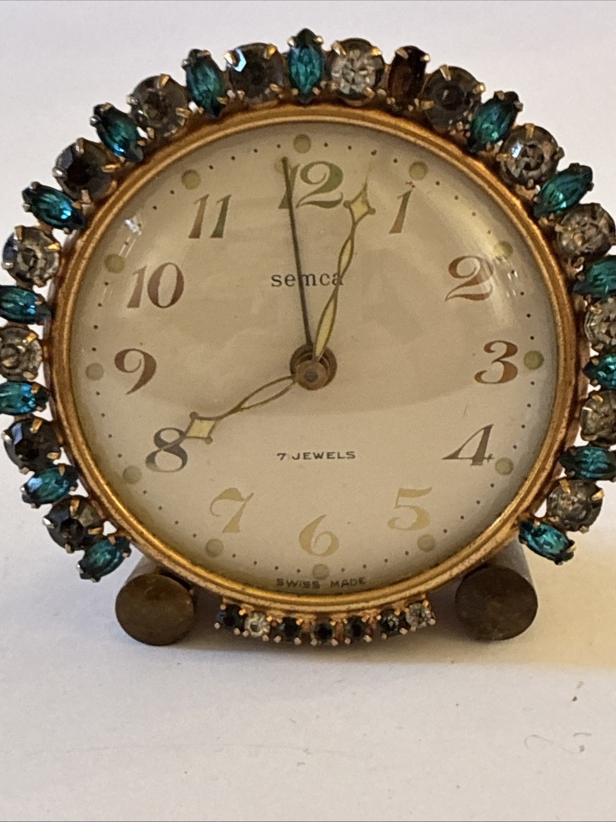 Vintage Semca Seven Jewels Alarm Clock with Aqua Blue Rhinestones Vintage Semca Seven Jewels Alarm Clock with Aqua Blue Rhinestones