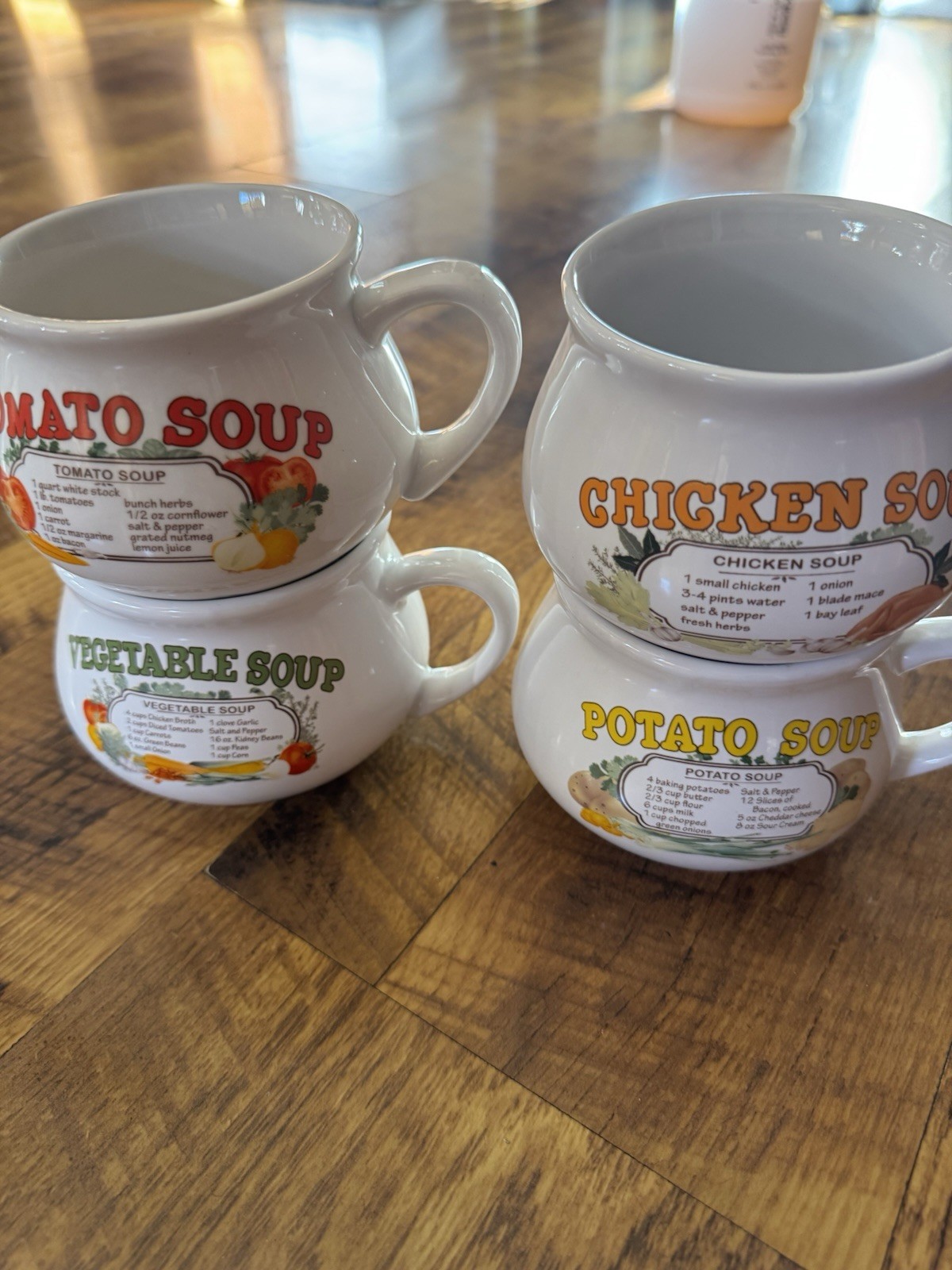 DDJ Recipe Soup Mugs VINTAGE 80s Ceramic Set 4 Tomato Vegetable Chicken Potato