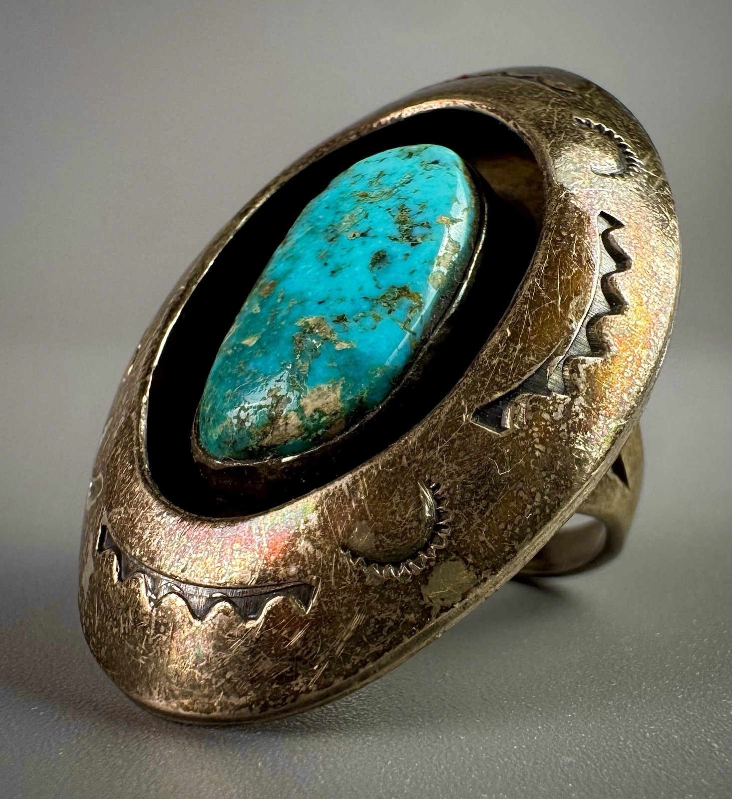 Large Vintage Old Pawn Navajo Sterling Silver Turquoise Shadowbox Ring 🤩