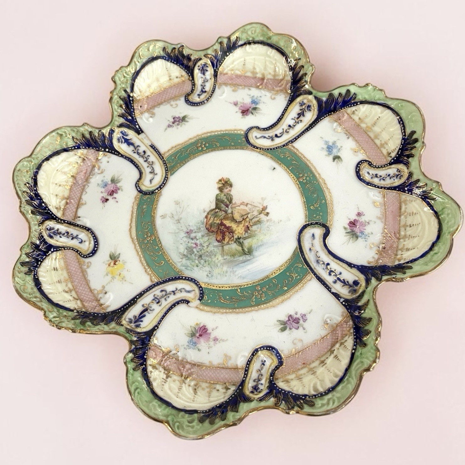 Antique Portrait Bavarian Oyster Plate Victorian Gilt Hand Painted 6 Well Rare