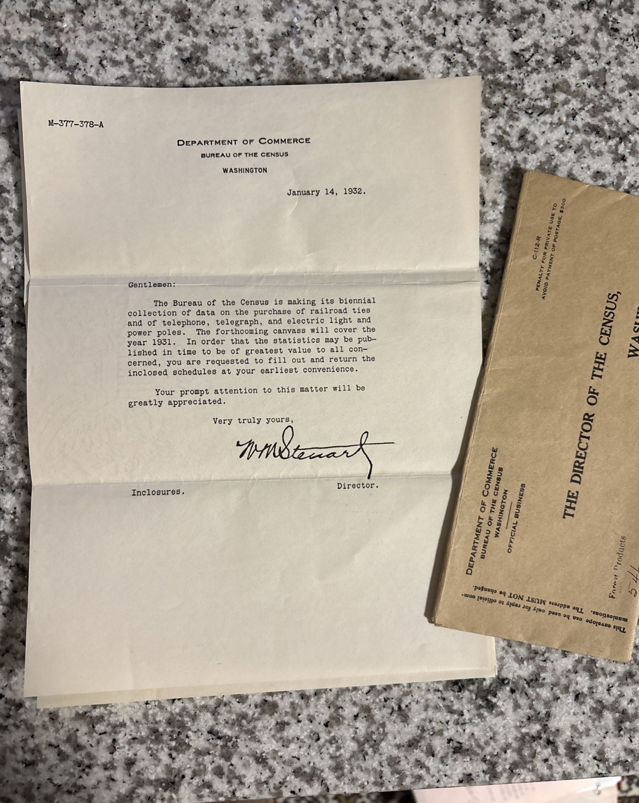 1932 Letter, Department of Commerce Bureau Of The Census And Envelope Signed
