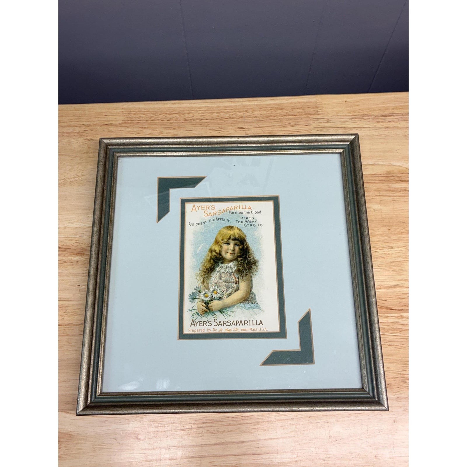 Vintage Ayer's Sarsaparilla Advertising Print Framed Victorian Girl with Flowers