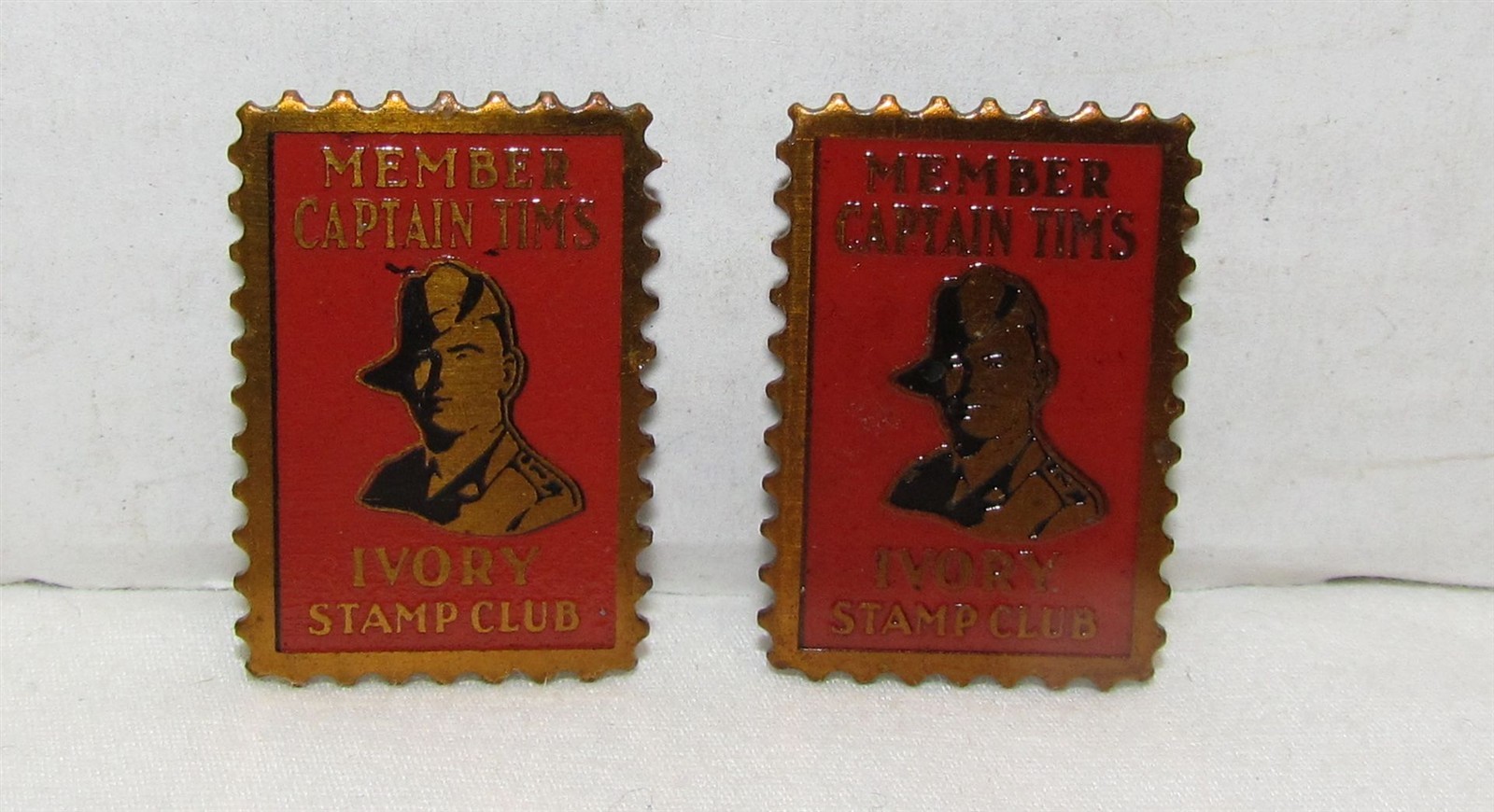 2 Vintage Captain Tim's Ivory Stamp Club Member Lapel Pins 