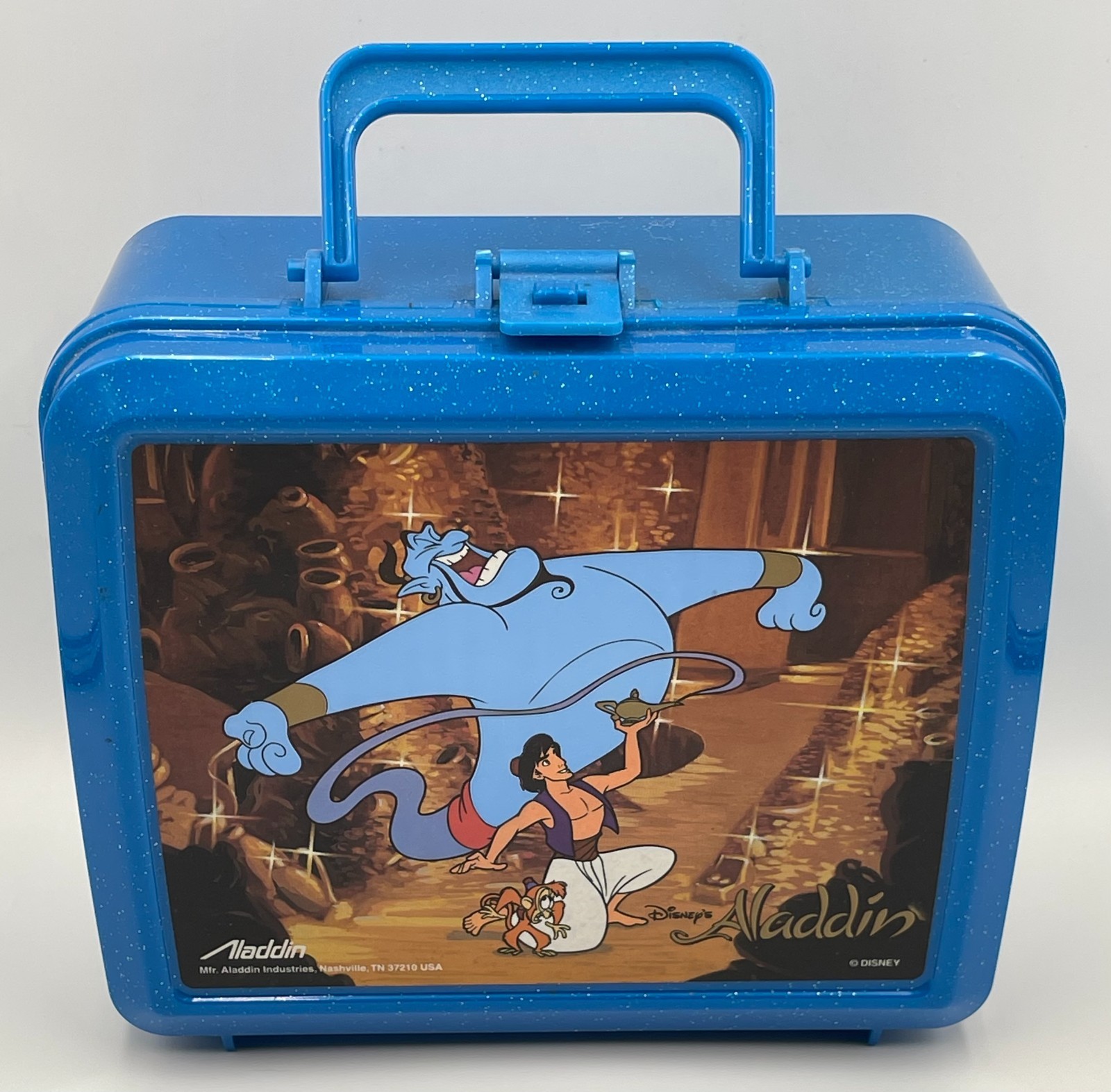 NEW UNUSED Vintage 1990s Disney Aladdin Blue Glitter Lunchbox & Thermos Set • Ge NEW UNUSED Vintage 1990s Disney Aladdin Blue Glitter Lunchbox & Thermos Set • Ge