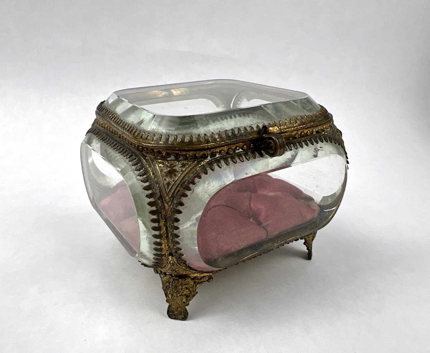 Antique French Beveled Glass Jewelry Casket Box with Tufted Interior