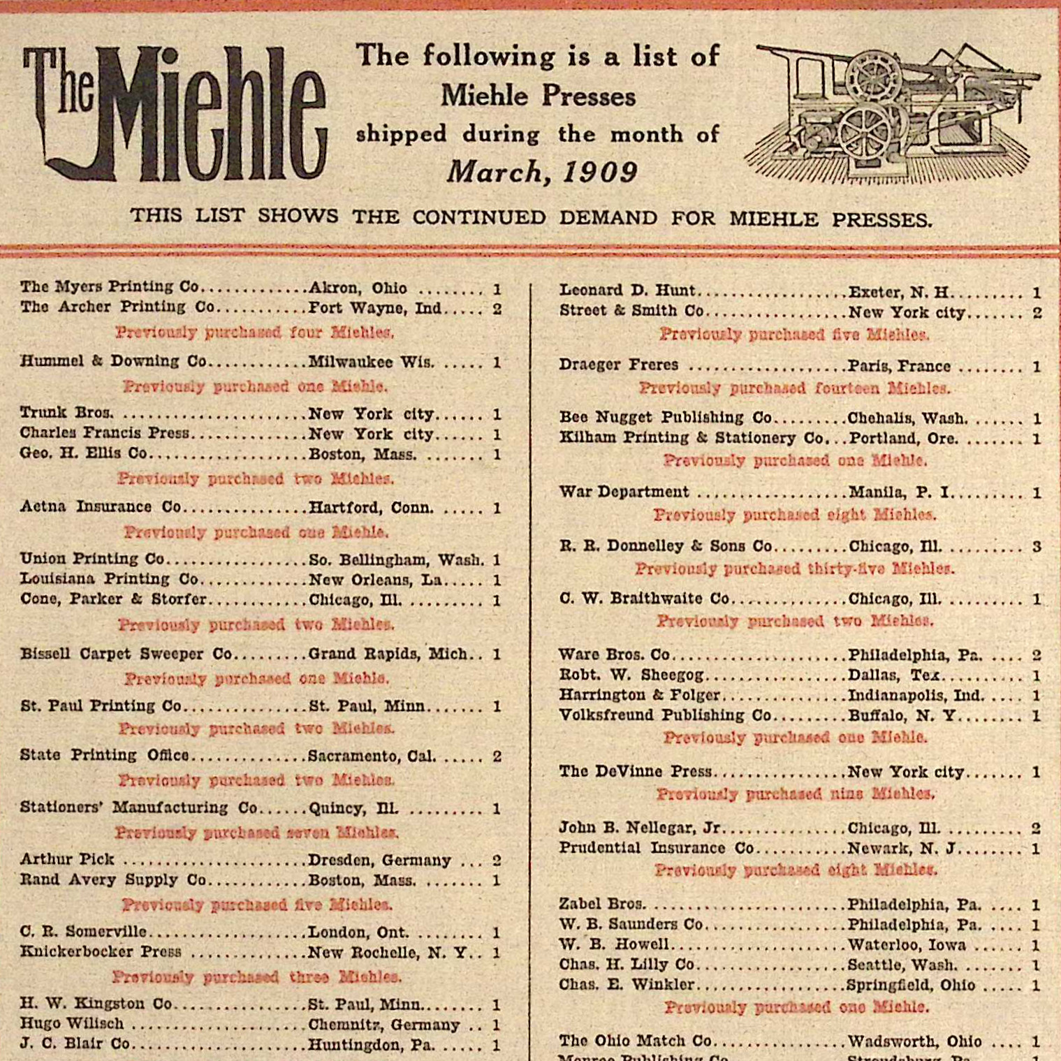 1909 The Miehle Printing Press & Mfg Co Shipment List Print Ad 9x12\