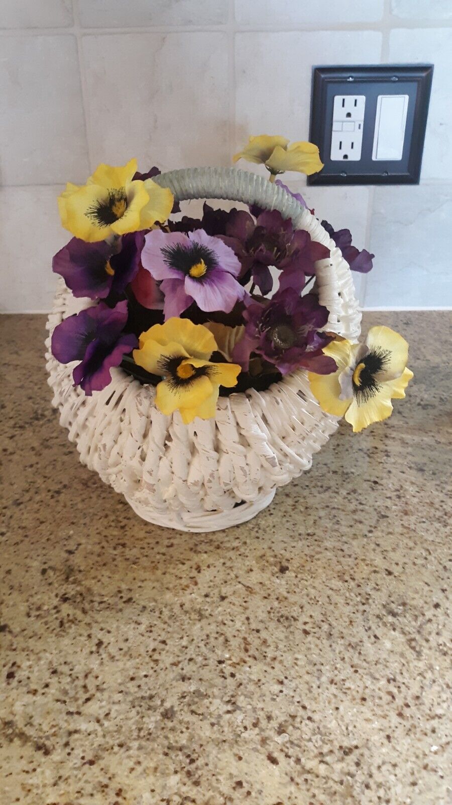 Handpainted & Lightly Distressed Small Egg Basket With Pansy Floral Arrangement 