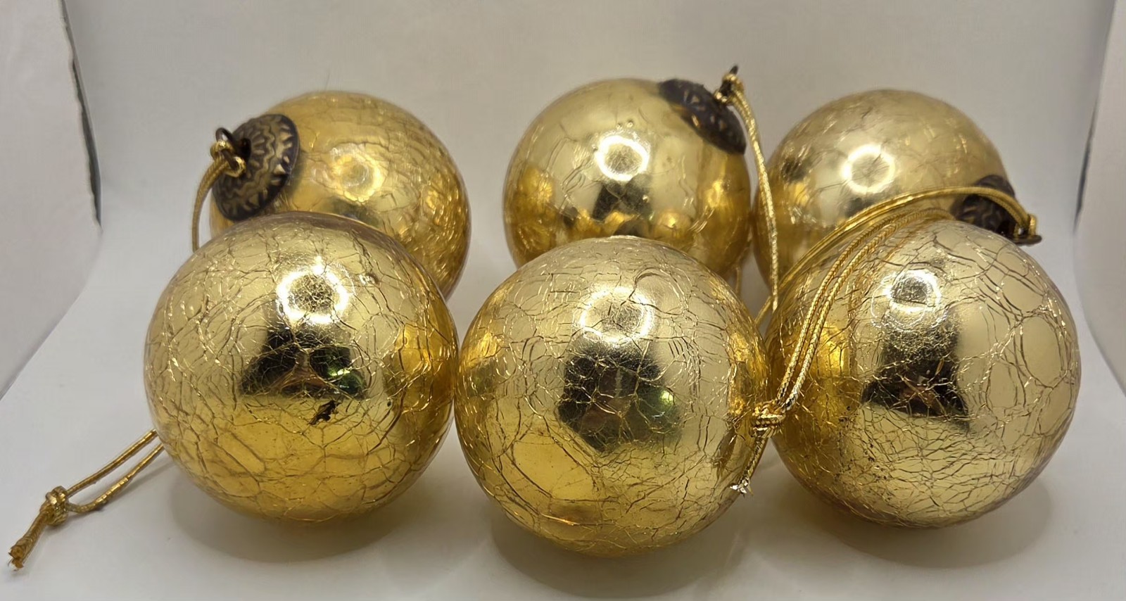 VTG (6) Champagne Gold Kugel Style Crackle Mercury Glass 2.5\ VTG (6) Champagne Gold Kugel Style Crackle Mercury Glass 2.5\