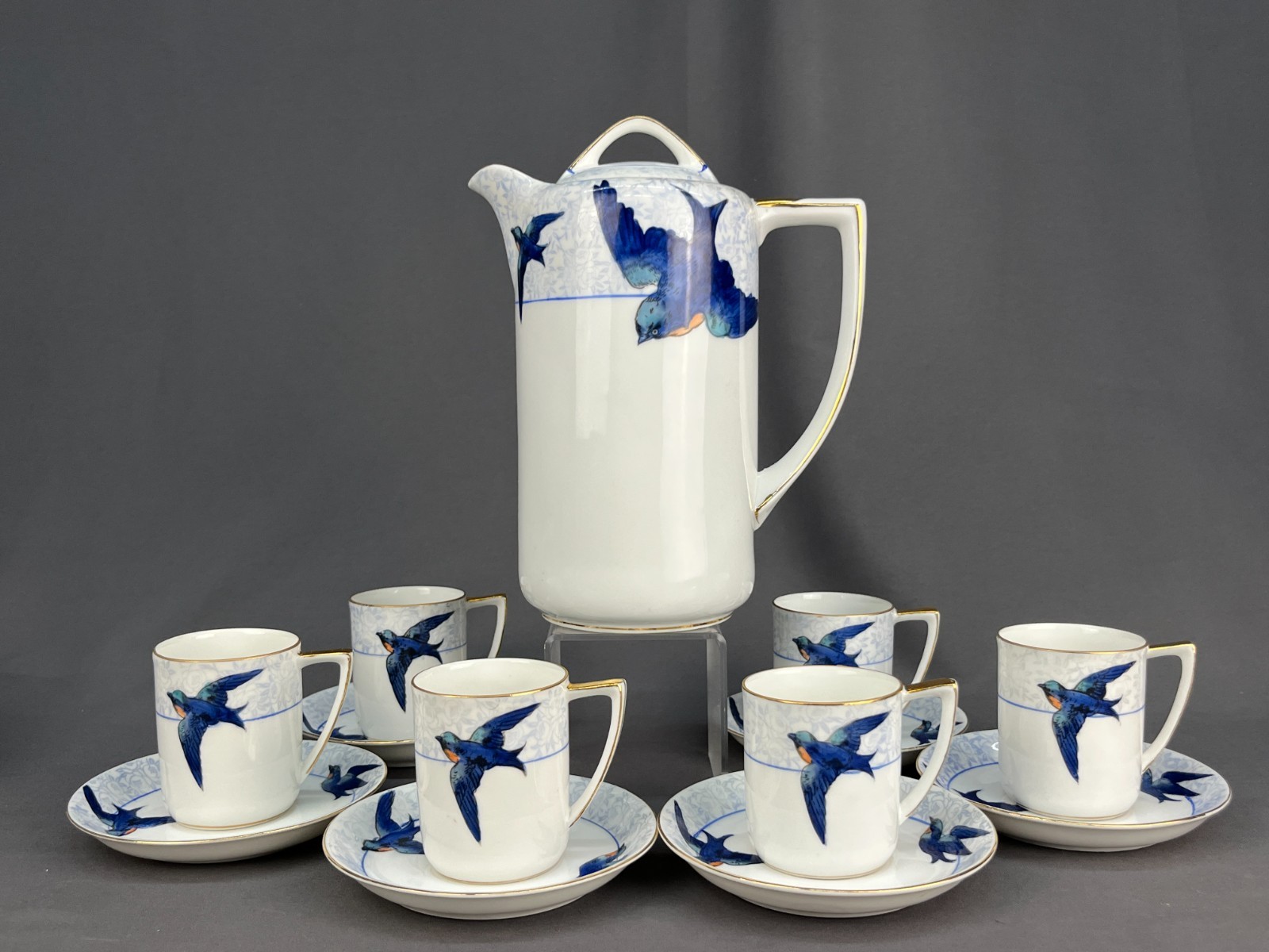 14 Pc Antique Nippon BLUE BIRD SWALLOW Hand-Painted Chocolate Set Rising Sun