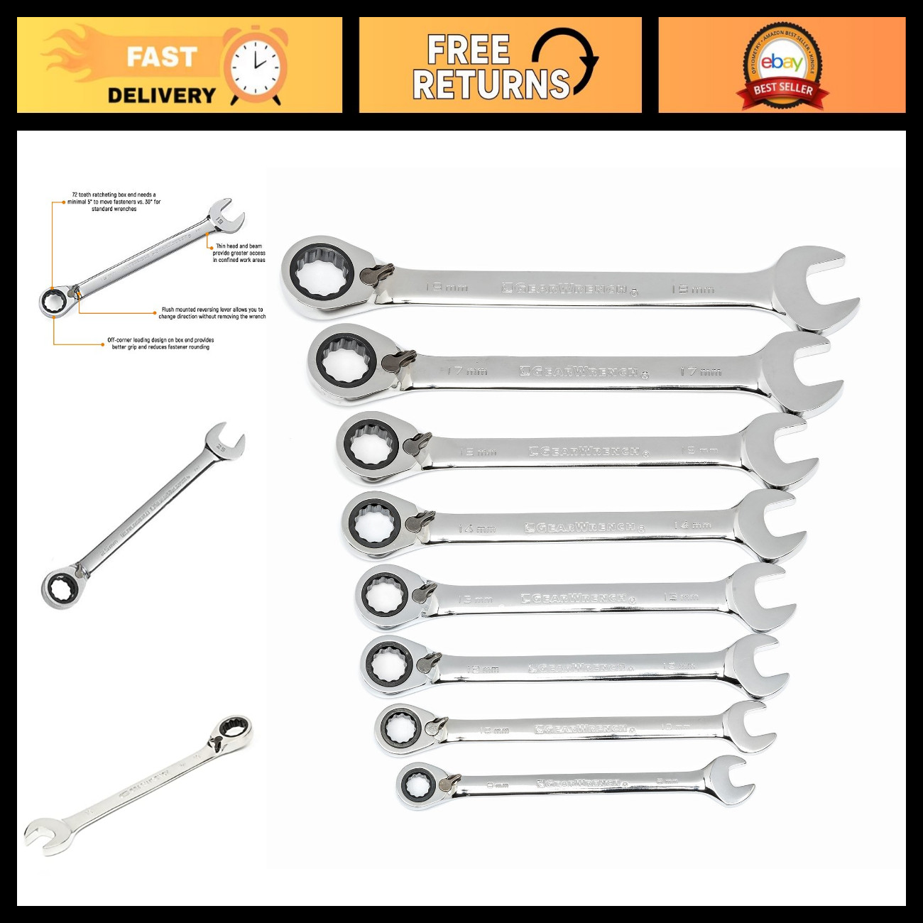 GEARWRENCH 8 Pc 72T Reversible Ratcheting Combination mm Wrench Set | 9543