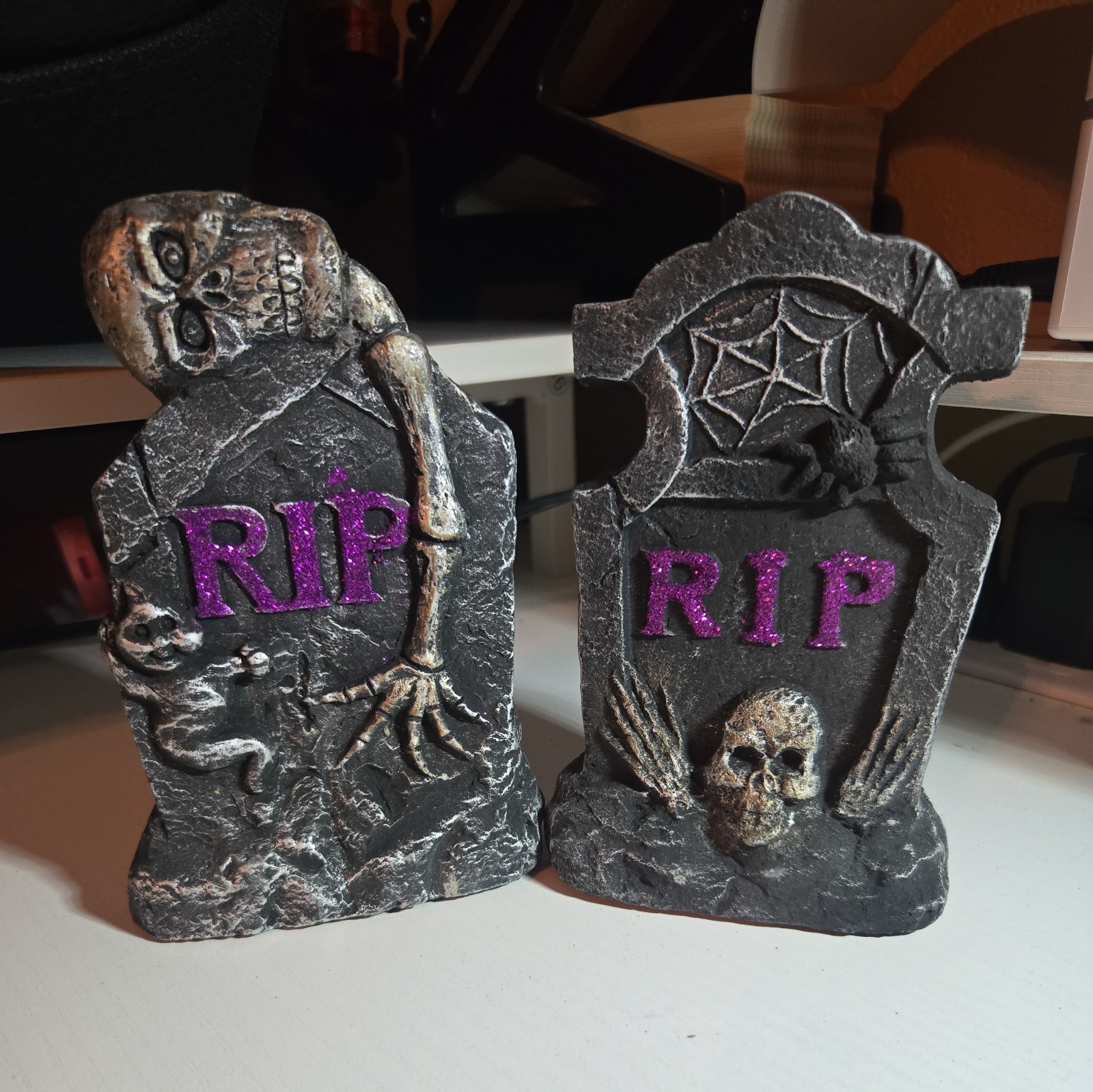 Skeleton Tombstone Cement Plaster RIP Tabletop Office Decoration Heavy 2 Pieces Skeleton Tombstone Cement Plaster RIP Tabletop Office Decoration Heavy 2 Pieces