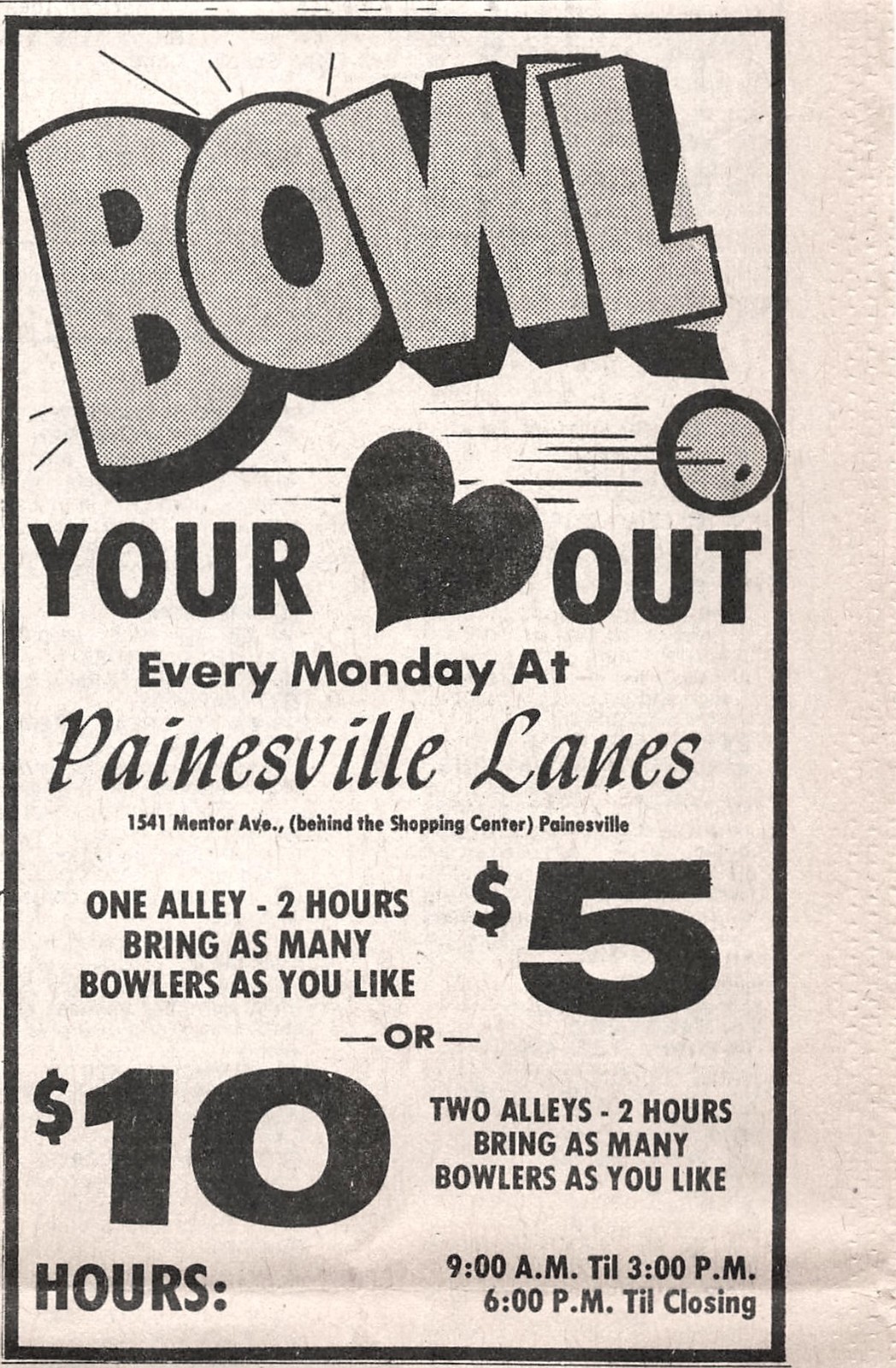 Painesville Lanes City Bowling Center Mentor Ave Ohio Vintage Newspaper Print Ad