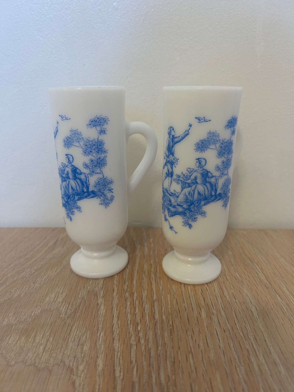 Vintage Avon Milk Glass Blue Toile Pedestal Glasses Set of 2 Cottagecore