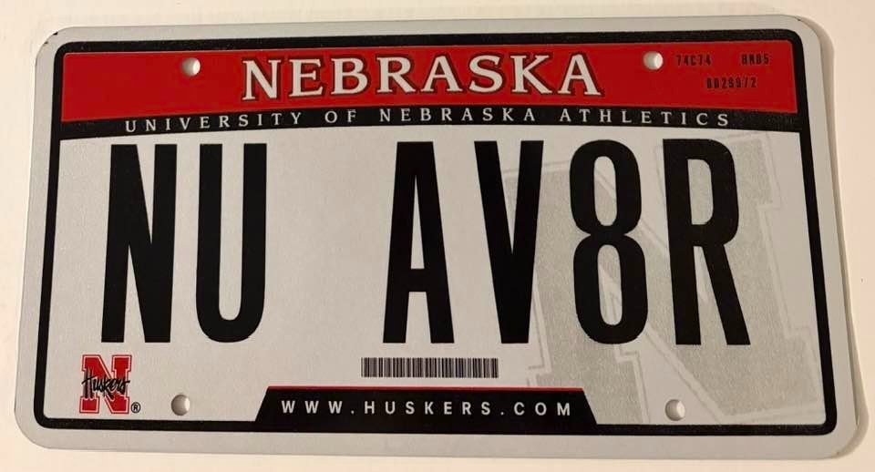 NU AV8R Vanity License Plate Nebraska University Aviator Pilot New