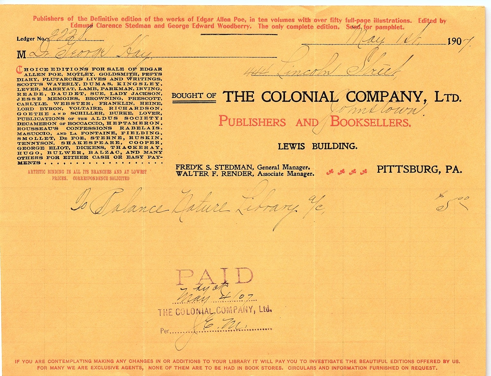 1907 The Colonial Co. Publishers & Booksellers billhead