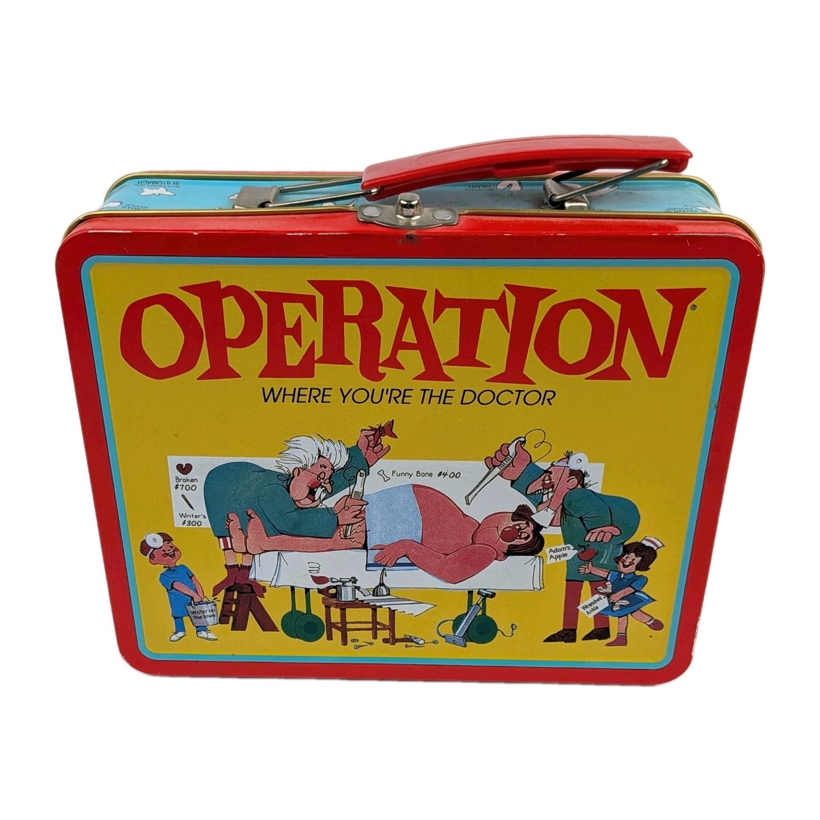 2000 Hasbro Operation Board Game Metal Lunch Box Tin Pail, 4 Magnetic Game Pcs