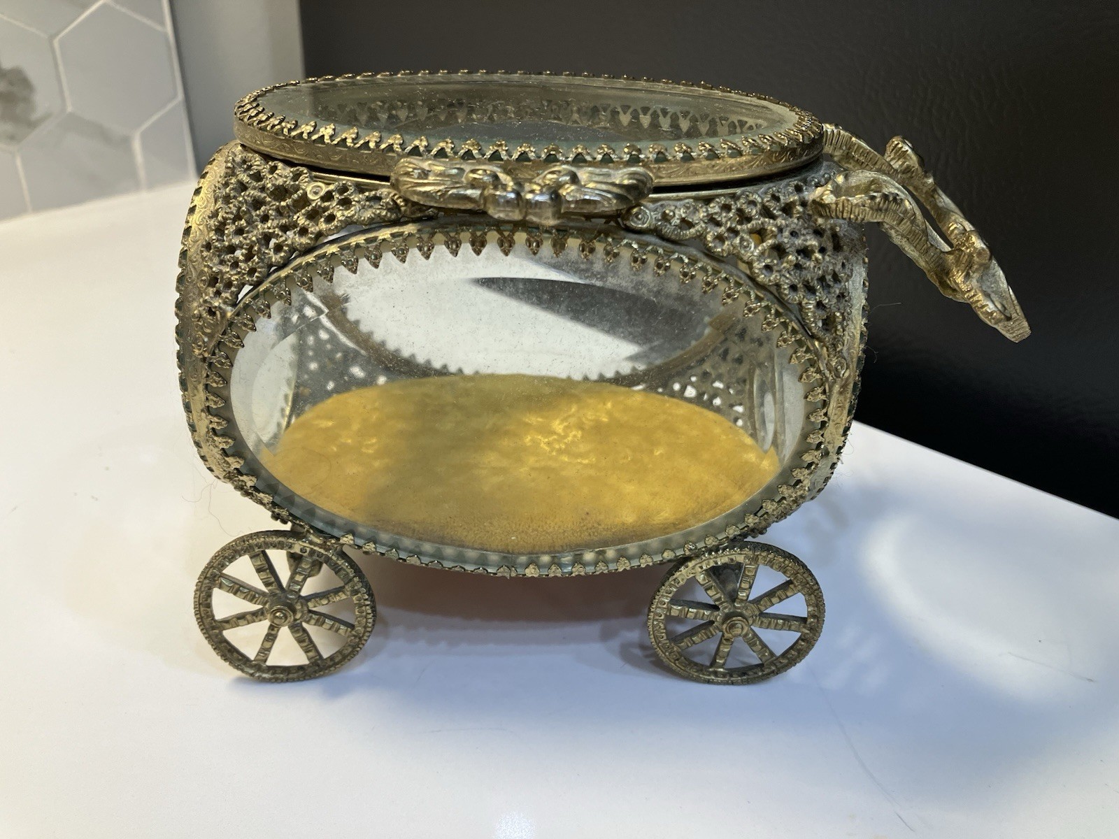Antique French Style Ormolu & Beveled Glass Carriage Jewelry Box  circa 1980