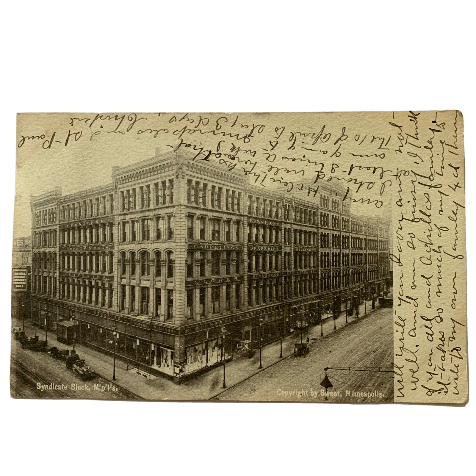 Antique Postcard Syndicate, Minneapolis Cloaks Goods Building 1907 Postmark