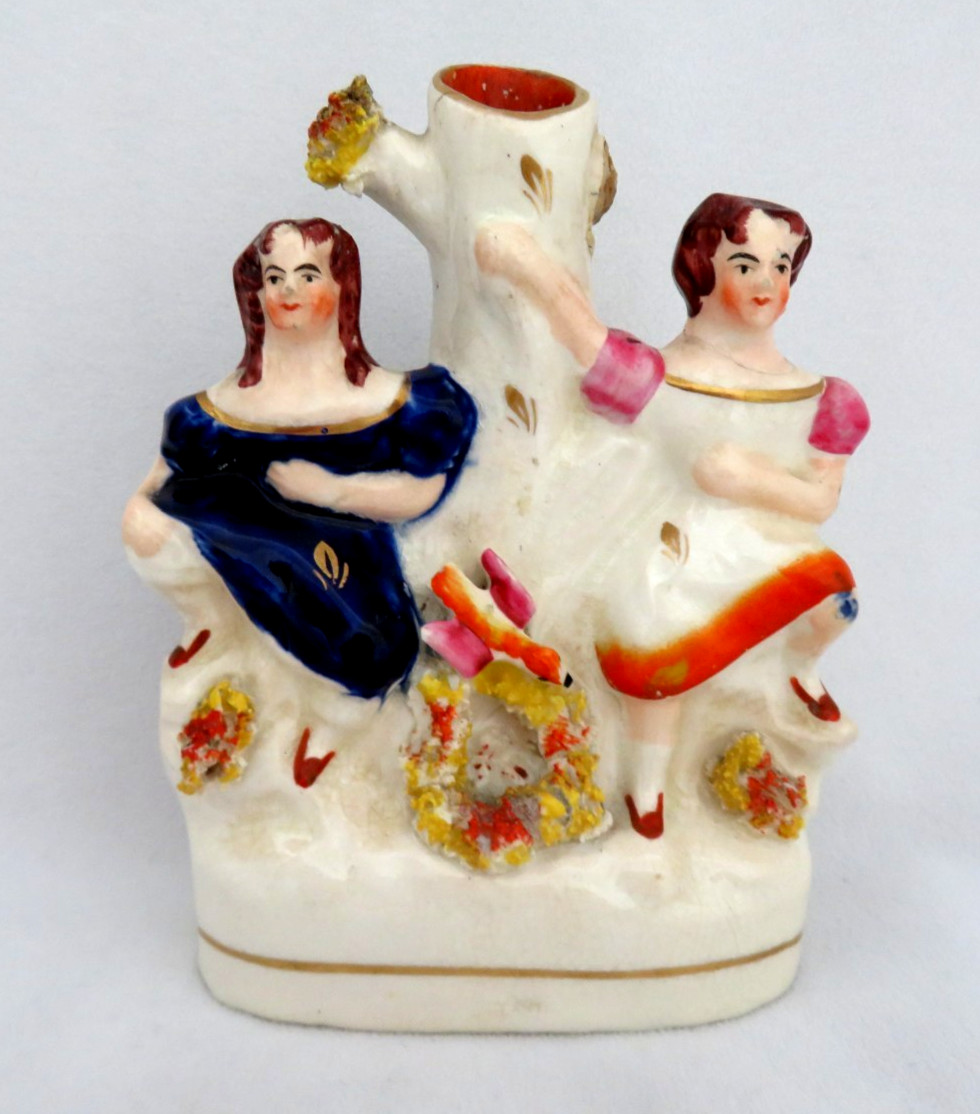 Antique Victorian Staffordshire Spill Vase ~ Two Girls By a Tree with a Bird