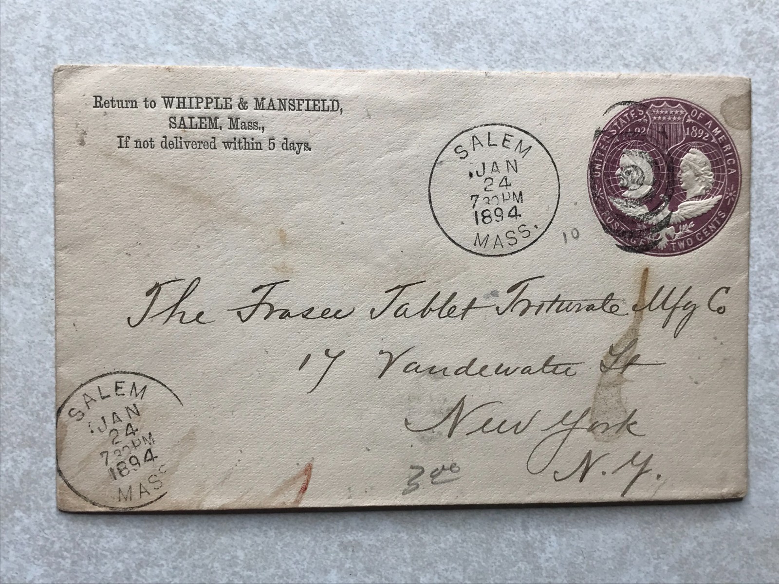 EN2616 Letterhead Envelope Postal Cover Whipple & Mansfield, Salem MA 1894 mark