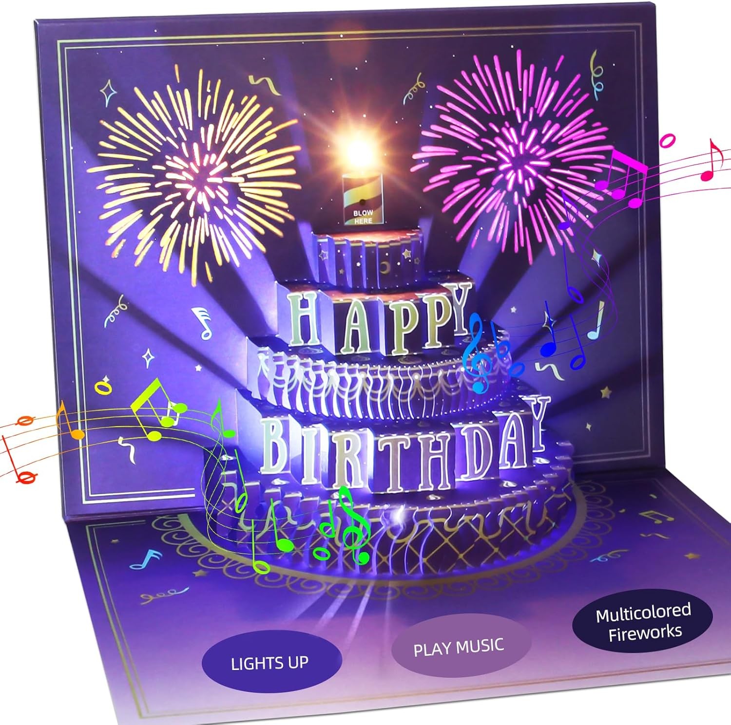 3D Pop Up Birthday Card Fireworks Cake Lights MusicSoundwithNoteTag for Mom Wife