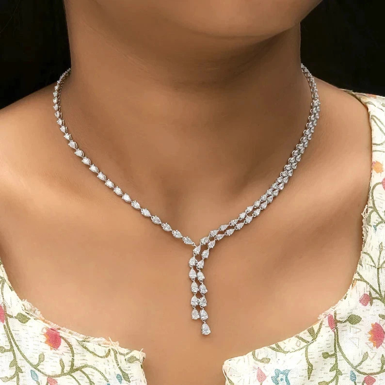 16.40Ct Pear Cut Diamond Bridal Lariat Necklace in 14K White Gold Over 16