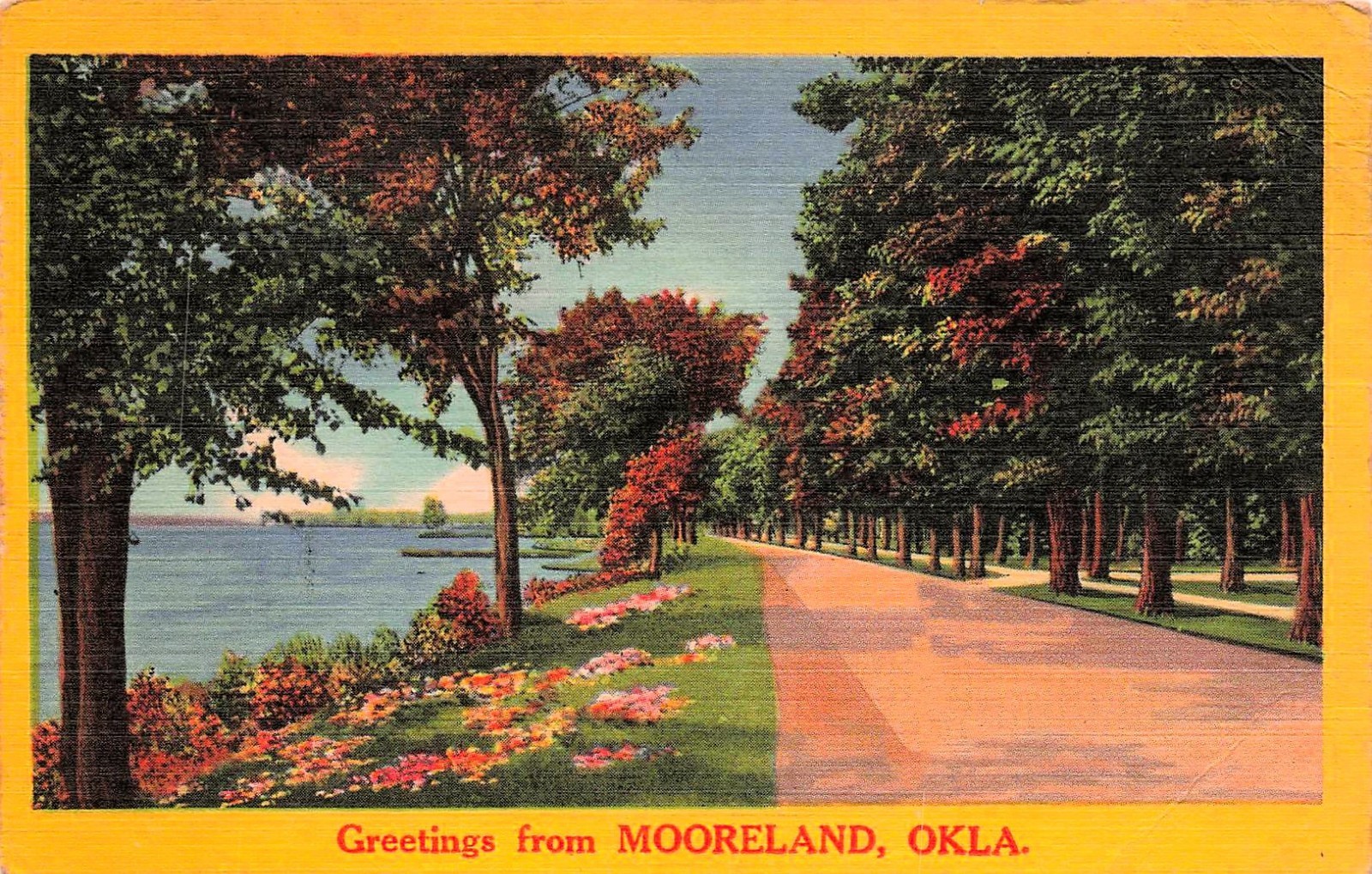 Greetings From Mooreland OK Oklahoma Lakeside Road Linen Vtg Postcard 18A