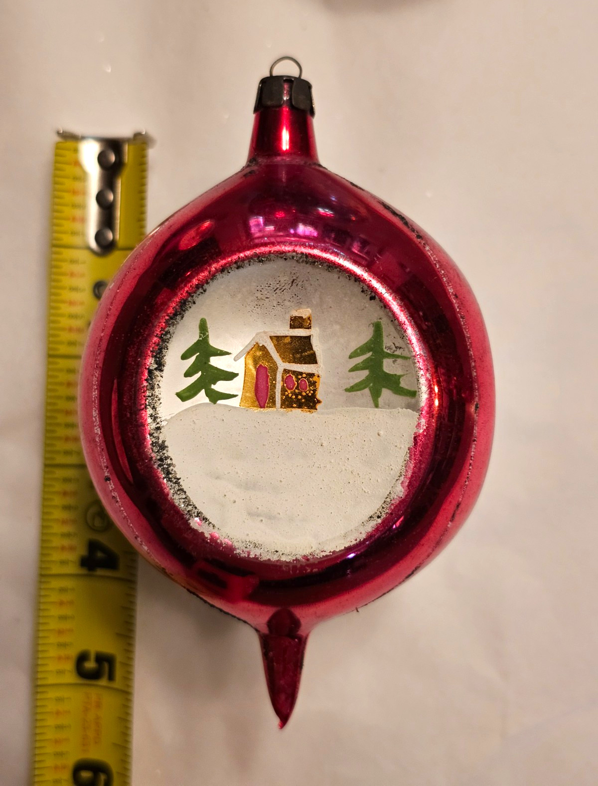 Vintage Red Triple Indent w/Hand-painted Cabin in Snow Scene Christmas Ornament 