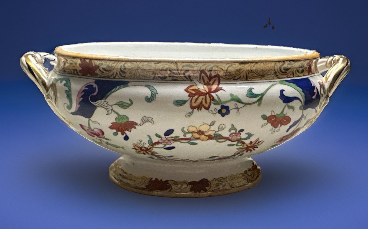 antique 1800's MINTON ceramic small oval Tureen serving dish imari style flowers