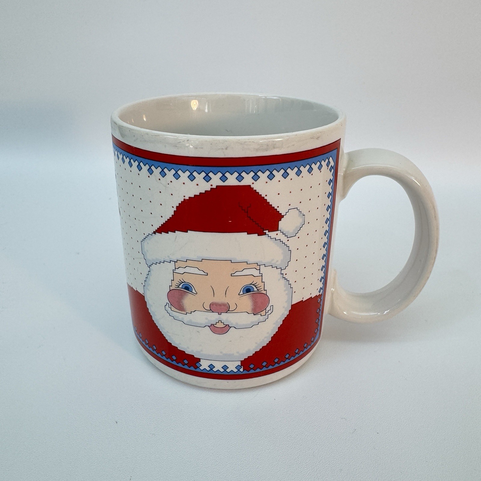 Vintage Enesco Stitch In Time 1986 Cheryl Johnson Santa Mug Crosstitch ￼