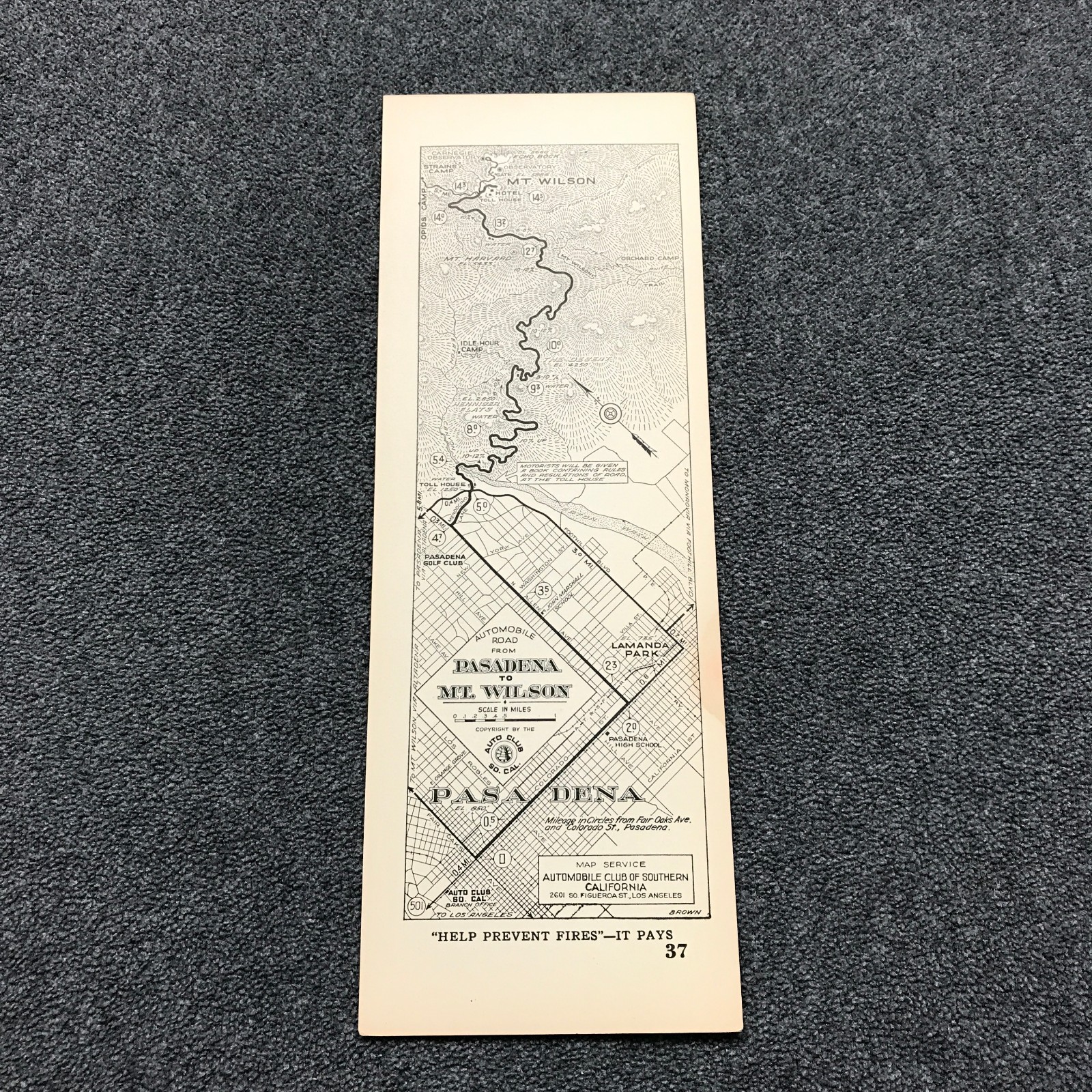 1920s AAA Auto Club SoCal Pasadena to Mount Wilson California Strip Road Map #37