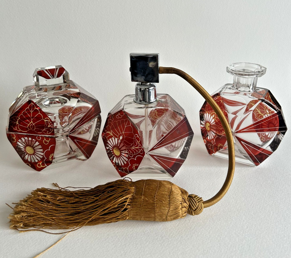 Antique 30s Art Deco Glass Vanity & Perfume 3pc Set by Karl Palda Rare Vintage
