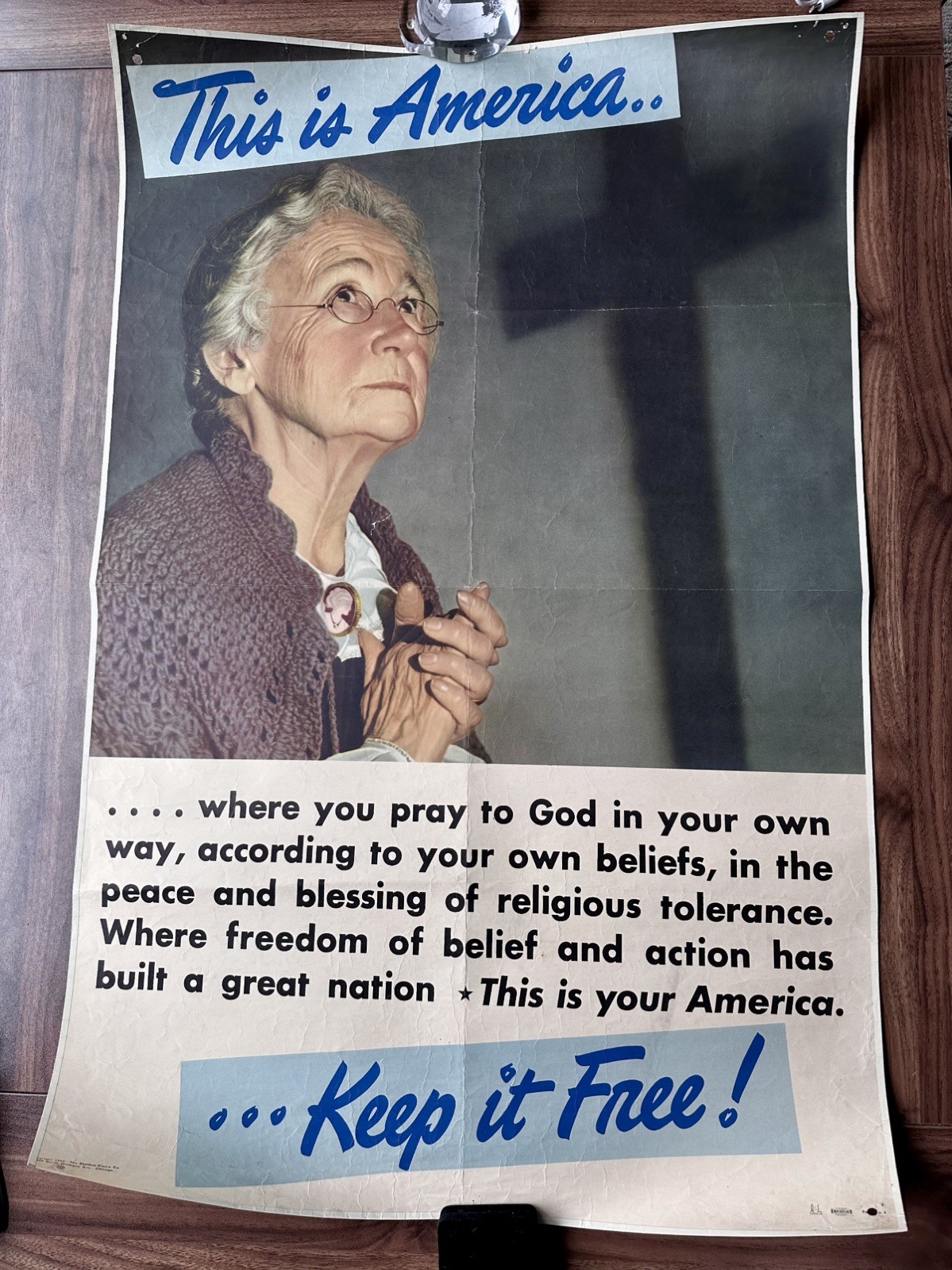 WWII Poster 1942 Sheldon Claire Company This Is America Keep It Free Religion