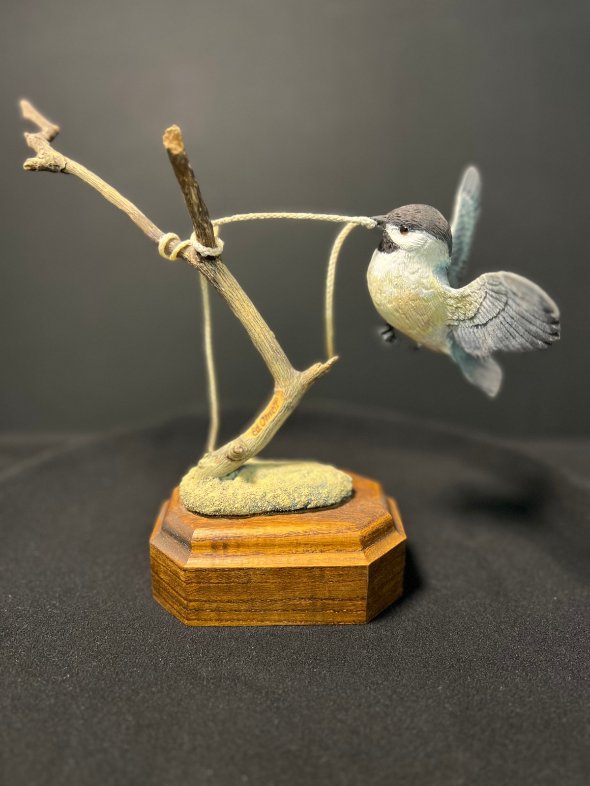 Ed Otwell Hand Carved Chickadee in Flight with String Bird Carving EO-362 1990