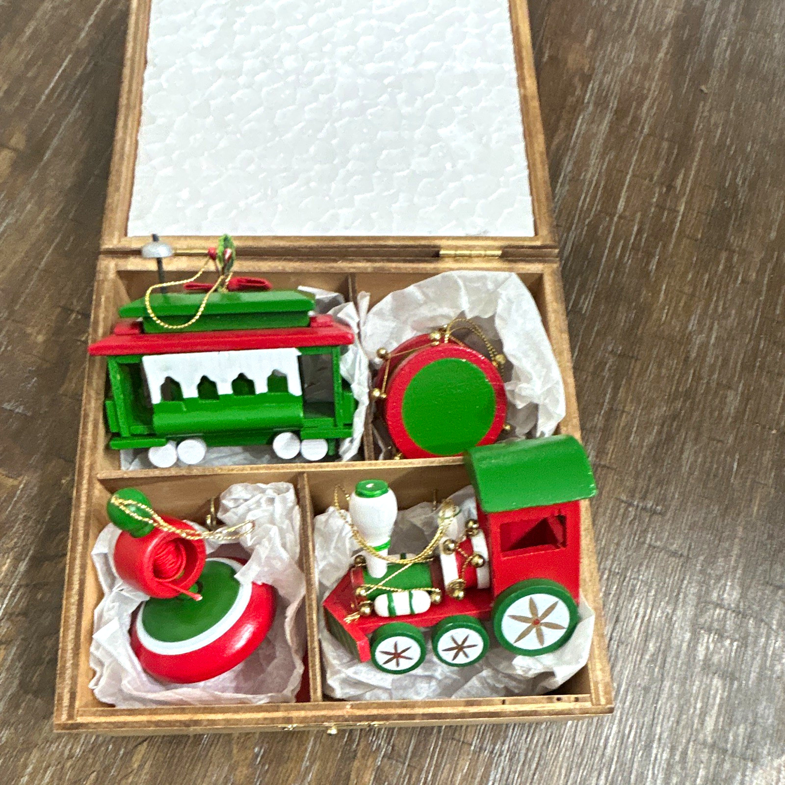 Vintage Made in Taiwan Wooden Christmas Ornament Set Train Drum Top Trolley Box Vintage Made in Taiwan Wooden Christmas Ornament Set Train Drum Top Trolley Box