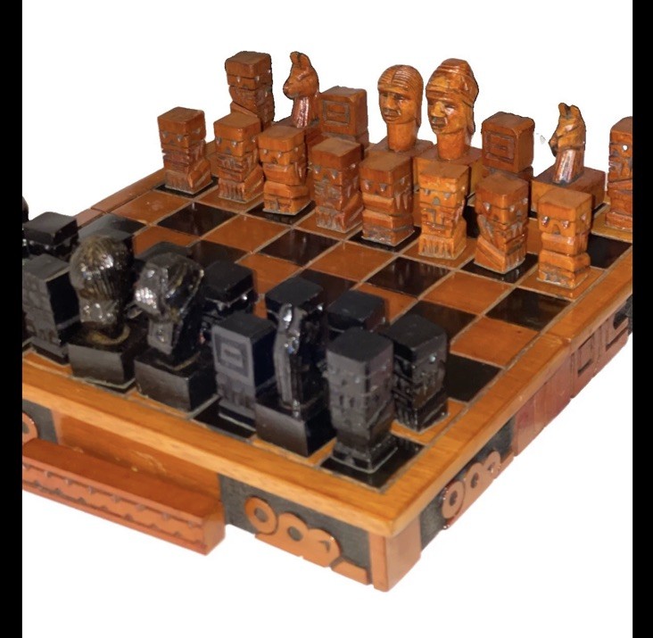 RARE VTG Carved Wood Chess Set Aztec 10” Folding Board Case John Clifford RARE VTG Carved Wood Chess Set Aztec 10” Folding Board Case John Clifford