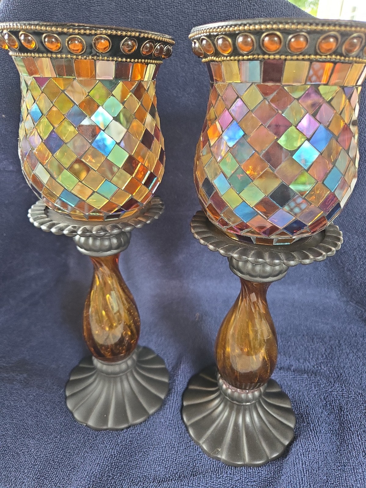 PartyLite GLOBAL FUSION Peglite Pillar Holder Candle Mosaic Tile Glass Lot Of 2 PartyLite GLOBAL FUSION Peglite Pillar Holder Candle Mosaic Tile Glass Lot Of 2