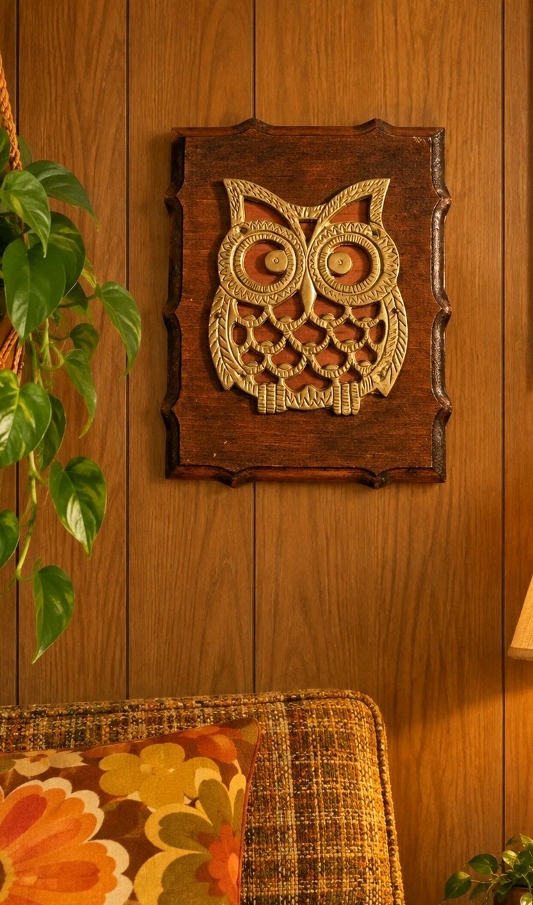 Vtg Owl Wall Hanging Wood Mid Century Modern Rustic Cabin Decor Retro 70\'s 8x6