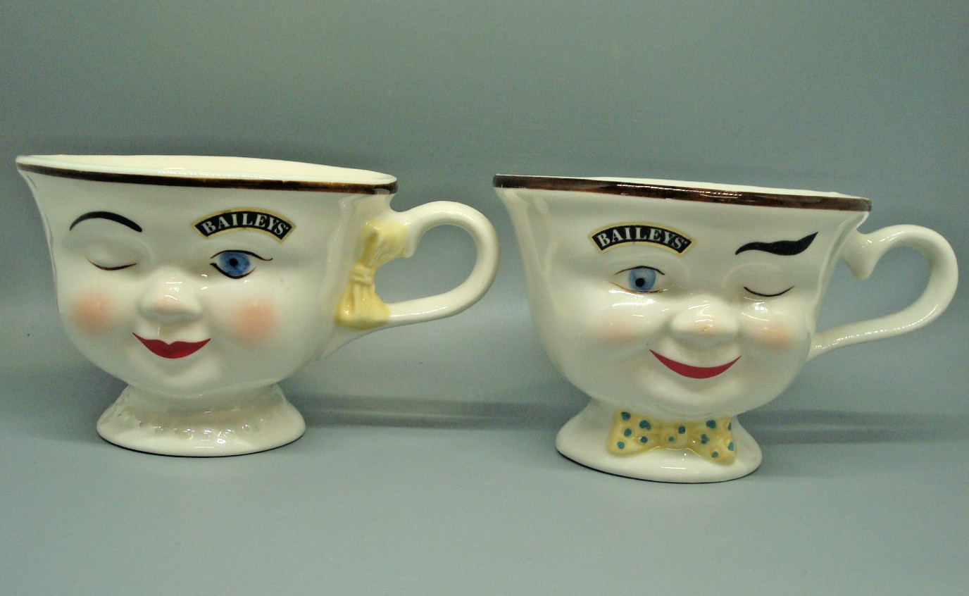 Vintage 1996 Baileys Irish Cream Mr & Mrs Yum Winking Face Mugs Cups Set 2 Vintage 1996 Baileys Irish Cream Mr & Mrs Yum Winking Face Mugs Cups Set 2