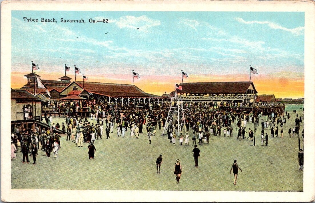 Savannah GA Tybee Beach 1930s Scenic View White Border Postcard
