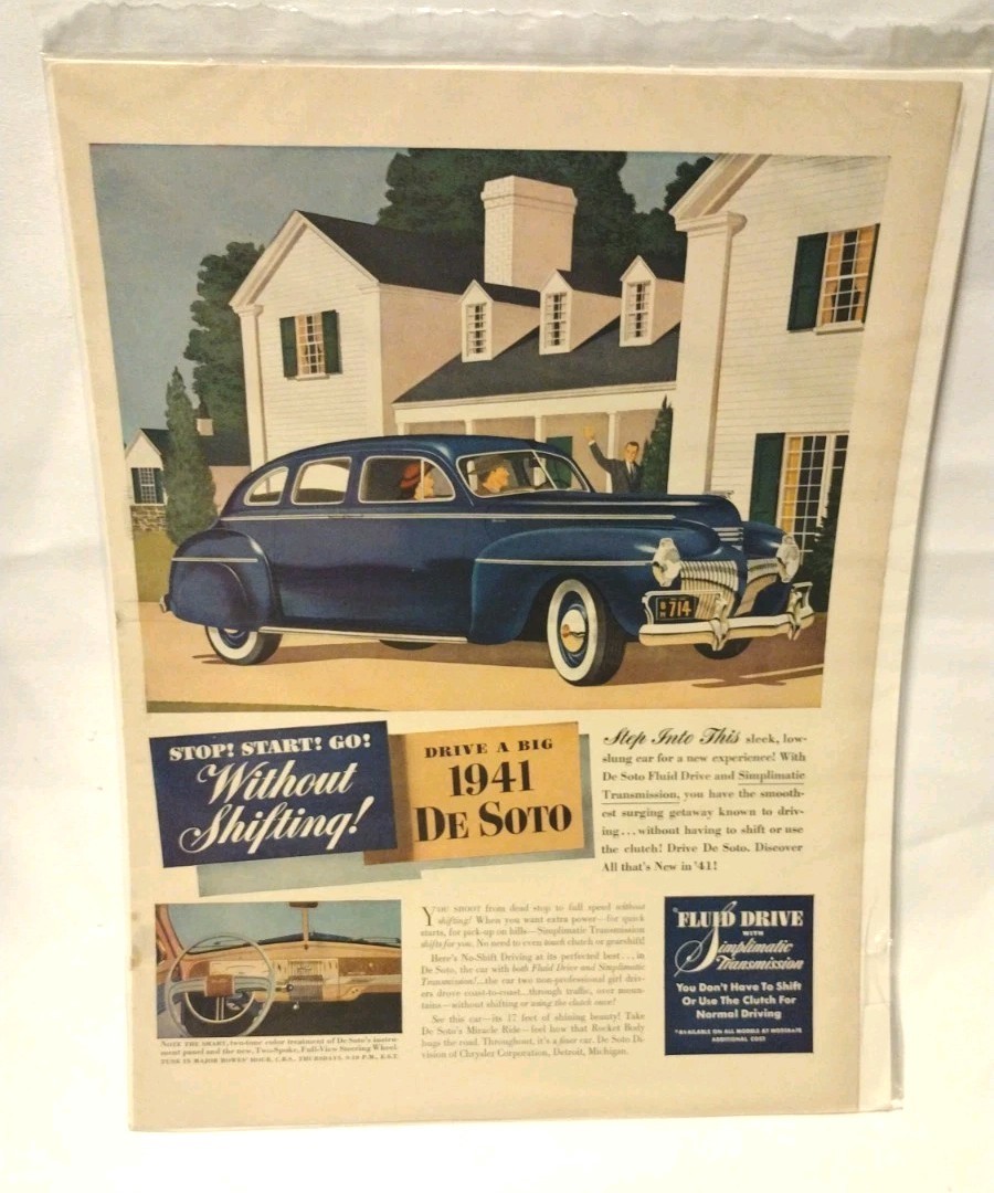 VTG 1941 Orig Magazine Ad DESOTO Car Stop Start Go Without Shifting 10.5 X 14
