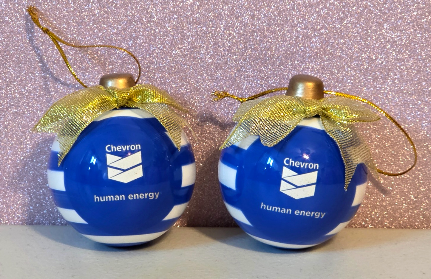 2 Chevron Human Energy Oil Company Blue & White Ceramic Ball Ornaments 3