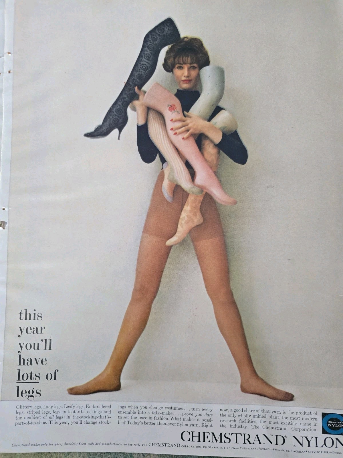 1958 Women's Chemstrand Nylon Pantyhose Glittery Lacy Leafy Legs Vintage Ad 