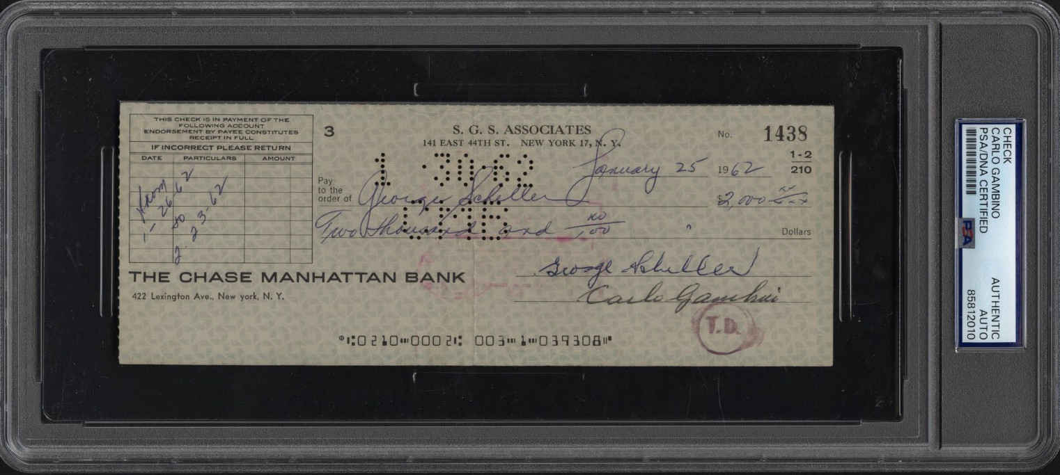 CARLO GAMBINO Sicilian Mob Boss Signed Autograph Check 1962 PSA  d. 1976 RARE