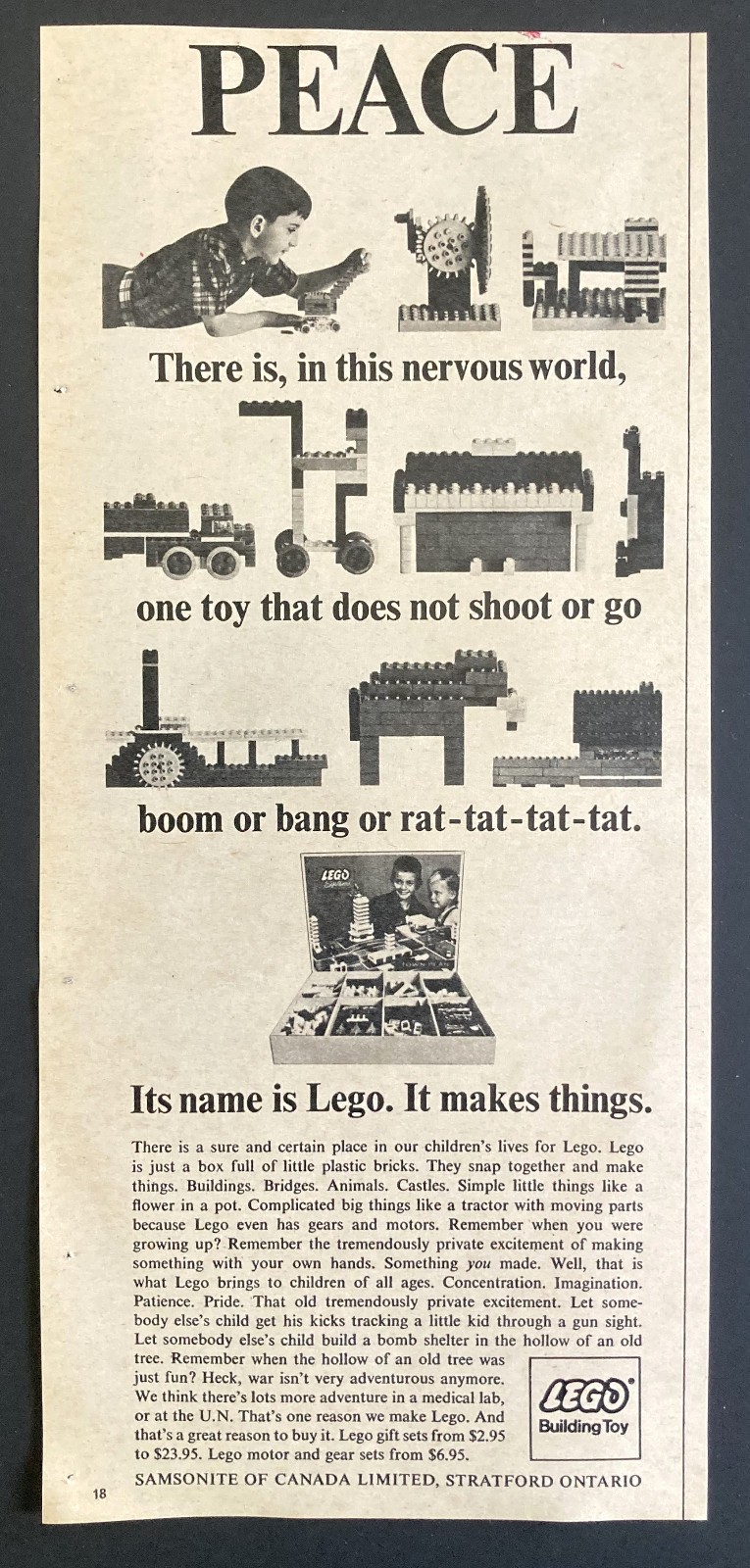 VERY RARE 1967 CANADIAN AD CANADA LEGO TOYS SAMSONITE STRATFORD ONTARIO